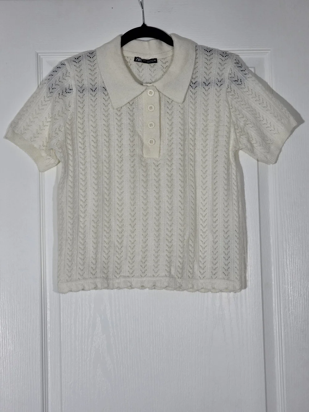 NWOT Zara Openwork Soft Polo Shirt - Beige Size M - Picture 4 of 9
